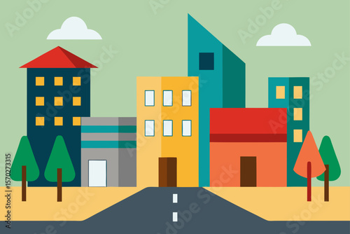 A vector illustration of a cartoon city street with houses and buildings under a sky, depicting urban architecture and a town landscape
