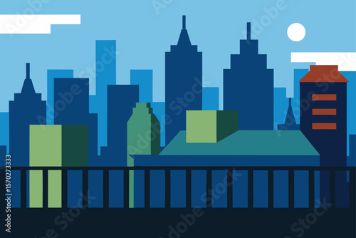 Vibrant urban night skyline with illuminated buildings and skyscraper silhouettes