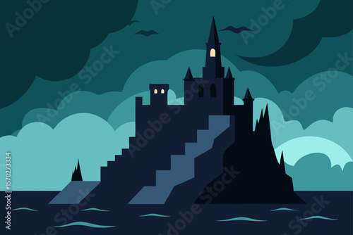 A dramatic silhouette of a castle and church against a moonlit sky at sunset, creating an eerie Halloween landscape