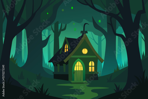 Spooky haunted house on a dark hill silhouette with bats under a Halloween moonlit sky, a scary forest illustration