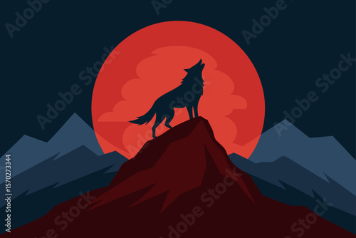 Silhouette of a lone wolf howling at the full moon in the wild night sky