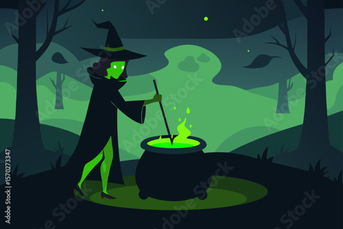 Cartoon halloween witch with a hat on a broom flying past the moon and pumpkin, a spooky dark vector illustration