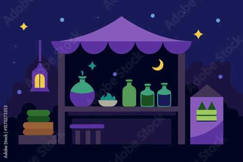 A festive cartoon illustration of a Christmas night in a snowy village with cozy homes under a starry sky
