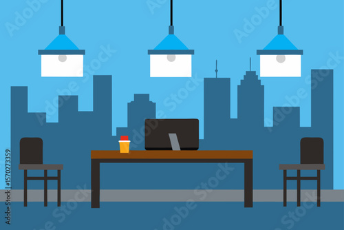 Modern office interior design featuring contemporary furniture and city views, a vector illustration for business and urban living