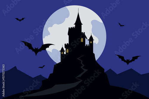 Spooky Halloween night with a haunted house and castle silhouette under a dark moon, featuring flying bats and autumn trees