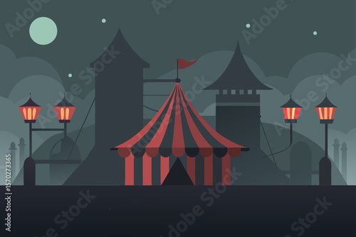 A vibrant vector illustration of a big Christmas tree in the city at night, under a star-filled sky, evokes the festive fun of a carnival event