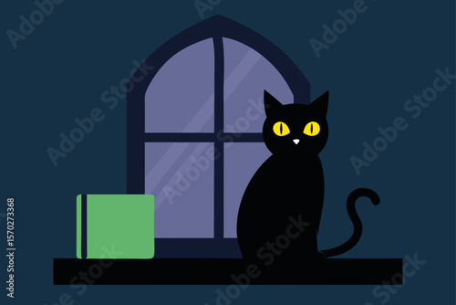 Black cat silhouette on window, a cute Halloween pet cartoon vector illustration