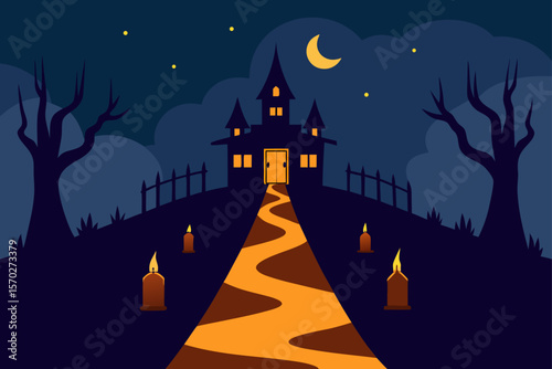 Spooky Halloween night background with a haunted castle, crescent moon, and bats silhouetted against dark trees