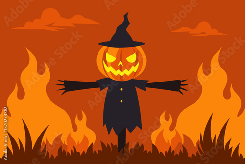 Spooky vector Halloween pumpkin on fire with bats silhouetted against a dark autumn night sky
