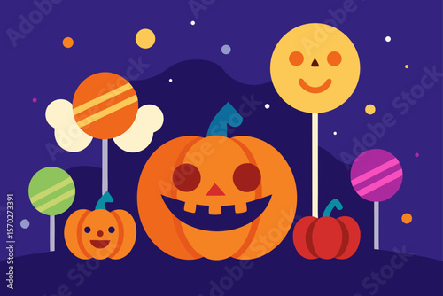 Spooky Halloween night with scary pumpkins, bats, and a full moon, perfect for a festive autumn celebration vector illustration