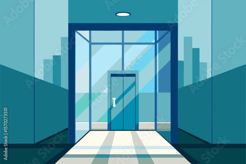 Blue door in a green wall: a conceptual 3D render of a luminous open door, symbolizing an exit to the future