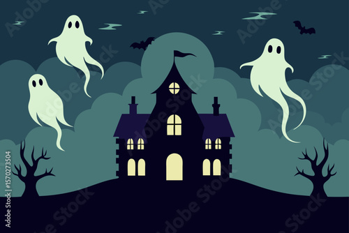 Spooky Halloween night scene with a haunted house and castle silhouettes, bats flying under a dark, moonlit sky