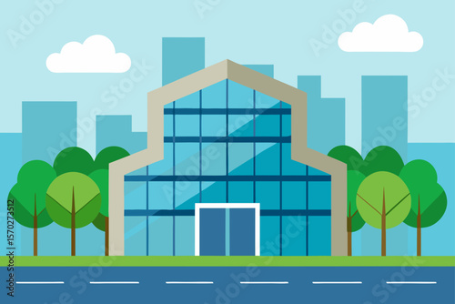 Vector illustration of a modern city landscape with buildings, houses, and green trees, showcasing urban architecture and a vibrant skyline design