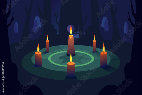 Burning candles illuminate the dark or a blue background, symbolizing celebration, holiday, and light for birthday or Christmas