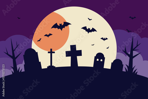 Spooky Halloween night with a dark cemetery, haunted house, full moon, and silhouetted trees, bats, and pumpkins, a scary vector illustration
