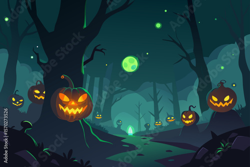 Spooky Halloween night background with pumpkins, bats, and a scary moonlit tree silhouette, perfect for an October holiday illustration