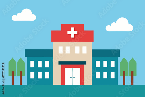 Cartoon vector illustration of a village with houses, trees, and sky
