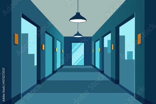 Long blue office corridor interior with columns and light