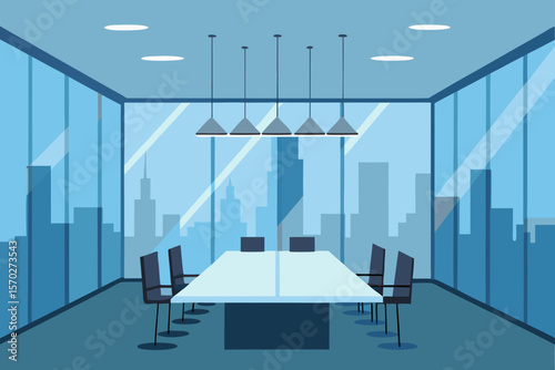 Modern office interior design in a glass building with urban architecture