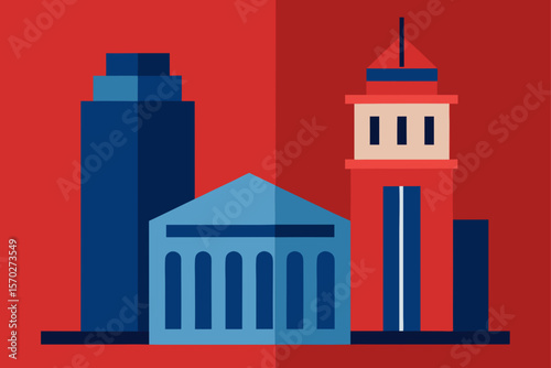 A striking vector illustration of a mosque and city hall, featuring architectural elements and the serene sky, evokes a sense of both religion and urban design