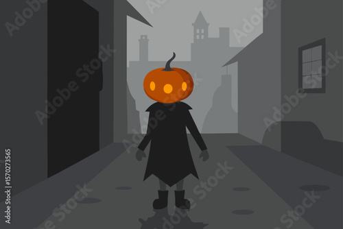 A spooky Halloween cartoon illustration of a witch with a pumpkin under an autumn moonlit night, perfect for a fun October party celebration