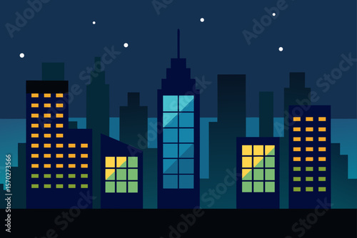 Urban night skyline with towering buildings silhouetted against a star-filled sky, illuminated by city lights