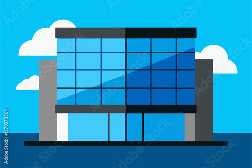 Modern urban architecture featuring a sleek office building with reflective glass windows and a blank billboard, perfect for business design