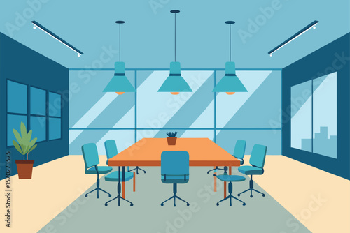 Contemporary empty cafe interior design with wood furniture, chairs, and tables