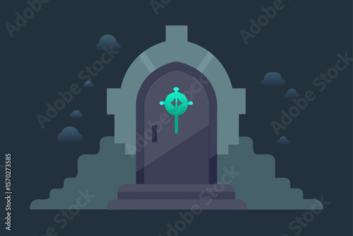 City silhouette with church building vector illustration in the night sky