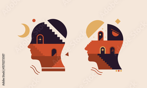 abstract human head with stairs, doors, geometric shapes inside Vector illustration. Concept of thinking process, solving problems, searching solution, inner world of mind, brain, psychotherapy