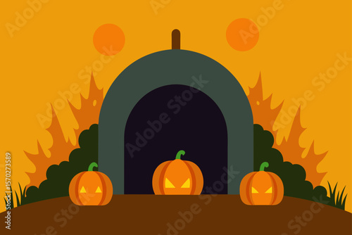 Orange vector illustration of an autumn Halloween pumpkin with leaves, perfect for harvest and Thanksgiving designs