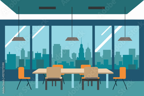 Modern office interior vector with table, chairs, and desk in a business meeting room design