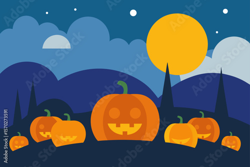 Spooky Halloween night background with scary pumpkins, bats, and a dark, moonlit sky perfect for an October celebration