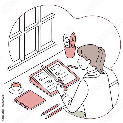 Illustration of a woman at a desk with a notebook ruler pens and a cup by a window in a thought bubble