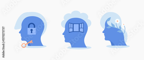 Set of Mental health illustration. mental disorder fight against stress, depression, emotional burnout and other psychological problems. Psychotherapy concept. Vector illustration