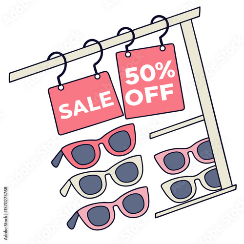 Display of sunglasses on a rack with sale and fifty percent off signs hanging above them at an angle