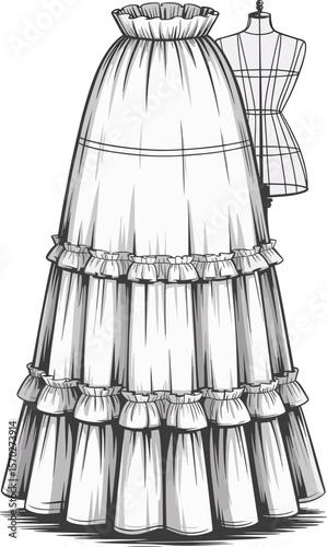 Voluminous Tiered Maxi Skirt Fashion Flat Sketch with Ruffled Hems and Mannequin Backdrop, Ideal for Bohemian and Resort Wear Designs