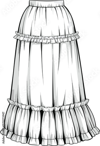 Bohemian Tiered Maxi Skirt Fashion Flat Sketch with Ruffled Panels, Ideal for Casual Summer Wear and Resort Collections