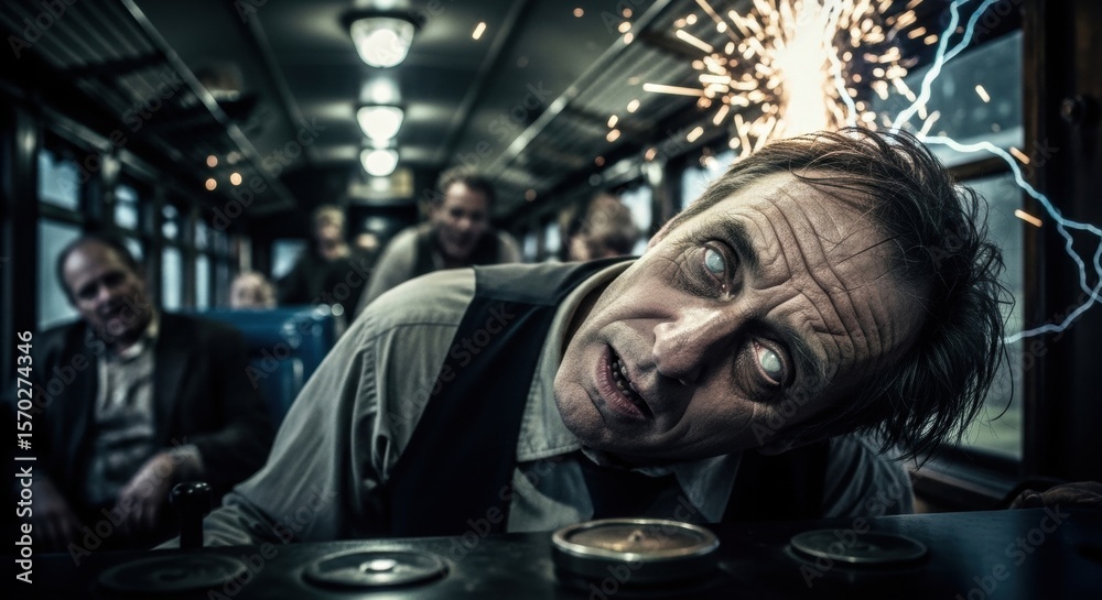 Fototapeta premium Frightened male on dark train with sparks and lightning
