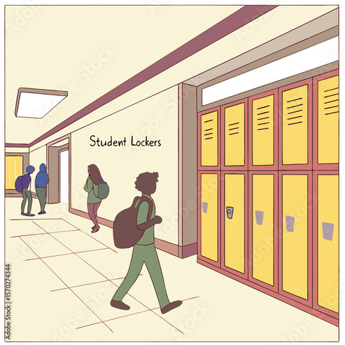 Illustration of students walking in a school hallway with lockers and a sign that says student lockers