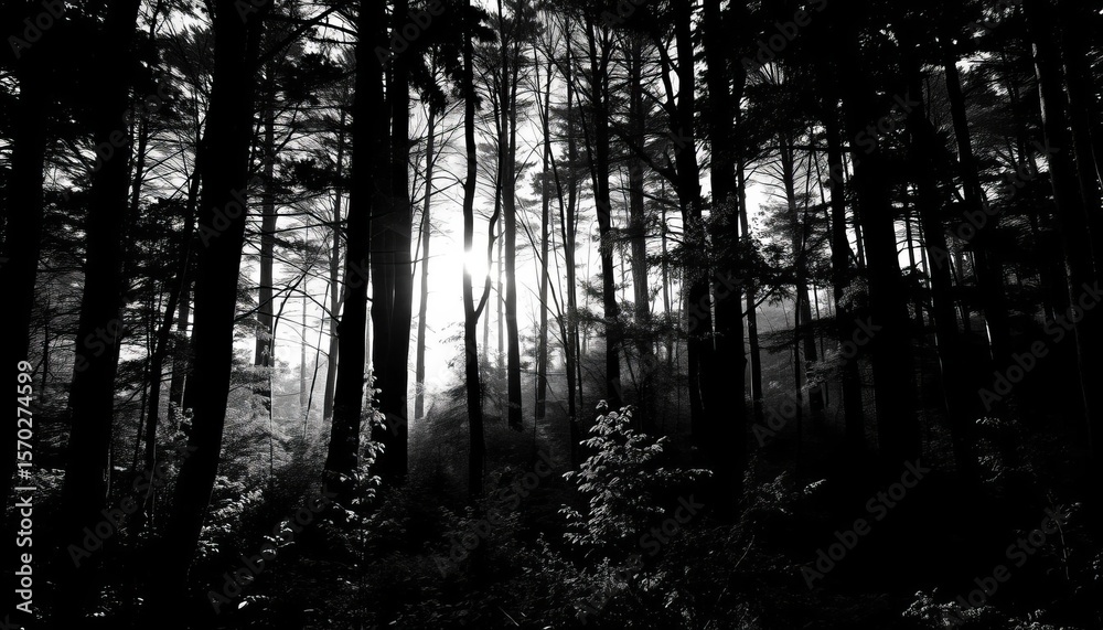 Fototapeta premium Monochrome forest scene, stark contrast of light and shadow on trees and foliage, peaceful, woods