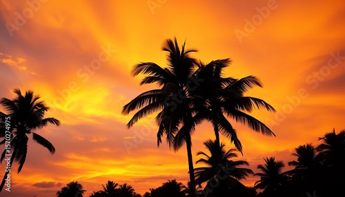 Silhouetted coconut palms against a vibrant sunset sky,   palm trees silhouette,  trees