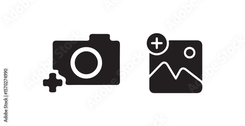 Add photo icon, flat, camera icon with plus, add picture button, Image Upload Icon with Plus Sign, Vector illustration eps 10.