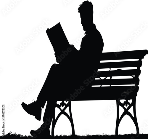 Elegant silhouette presents a man reading while relaxing on a bench, perfect for logos and graphic design projects needing a tranquil theme