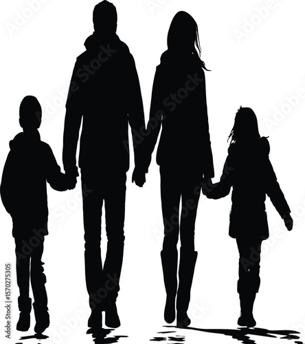 A loving family silhouette walks together, symbolizing togetherness and connection, perfect for diverse projects needing a heartwarming parental concept.
