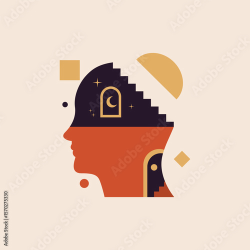 abstract human head with stairs, doors, geometric shapes inside Vector illustration. Concept of thinking process, solving problems, searching solution, inner world of mind, brain, psychotherapy