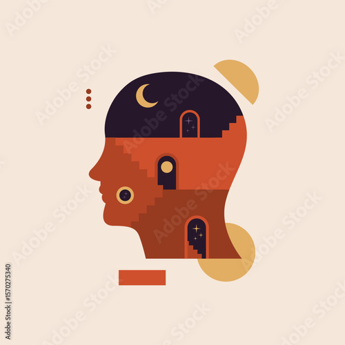 abstract human head with stairs, doors, geometric shapes inside Vector illustration. Concept of thinking process, solving problems, searching solution, inner world of mind, brain, psychotherapy