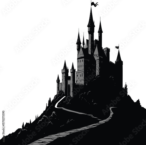 A grayscale depiction presents a medieval castle perched atop a hill, accessible by a winding path, ideal for fantasy designs or storybook themes.