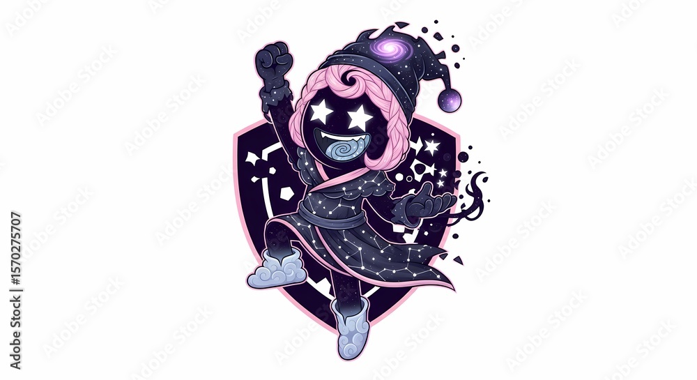 Fototapeta premium A whimsical cartoon character with star eyes and a night sky outfit, jumping.