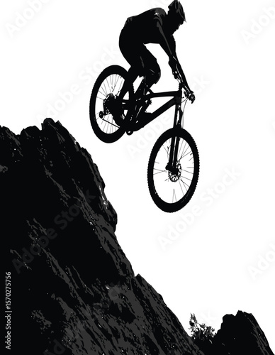 Mountain biker silhouette jumps off a rock, a dynamic graphic element suited for outdoor adventure and extreme sports themes.